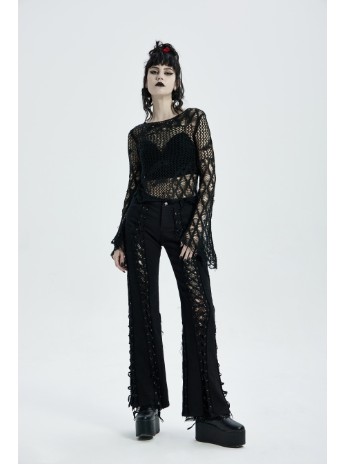 Black Punk Flare Sleeve Irregular Woven Hollow Short Sweater