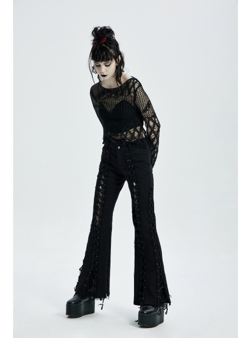 Black Punk Flare Sleeve Irregular Woven Hollow Short Sweater