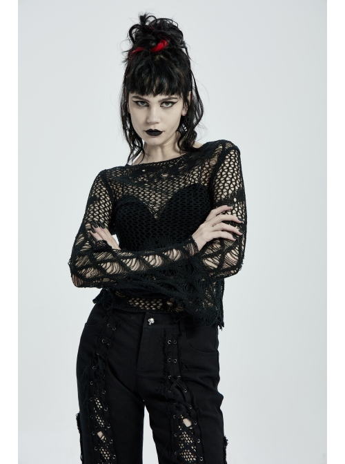 Black Punk Flare Sleeve Irregular Woven Hollow Short Sweater