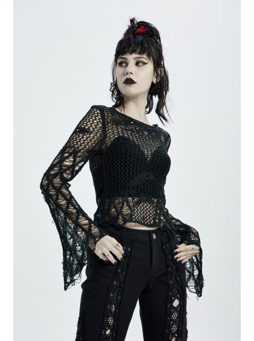 Black Punk Flare Sleeve Irregular Woven Hollow Short Sweater