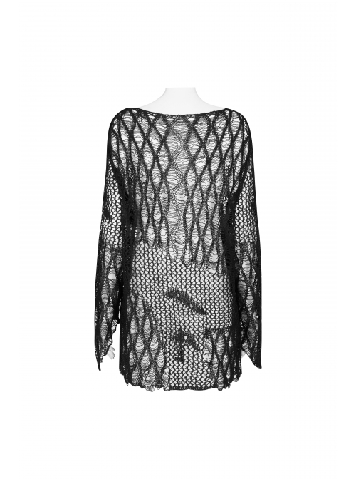 Round Collar Flare Sleeve Black Punk Irregular Woven Hollow Sweater