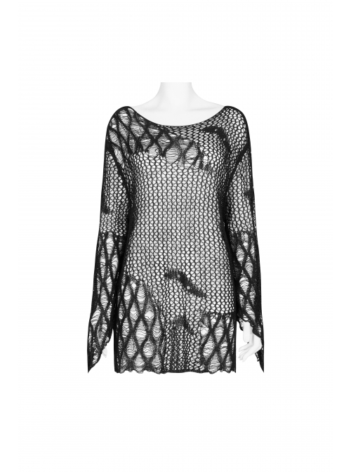 Round Collar Flare Sleeve Black Punk Irregular Woven Hollow Sweater
