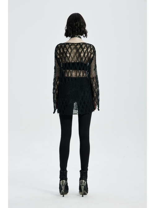 Round Collar Flare Sleeve Black Punk Irregular Woven Hollow Sweater