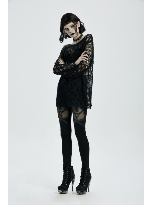 Round Collar Flare Sleeve Black Punk Irregular Woven Hollow Sweater