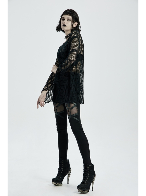Round Collar Flare Sleeve Black Punk Irregular Woven Hollow Sweater