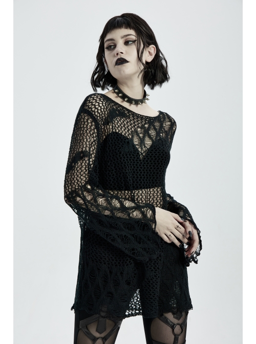 Round Collar Flare Sleeve Black Punk Irregular Woven Hollow Sweater