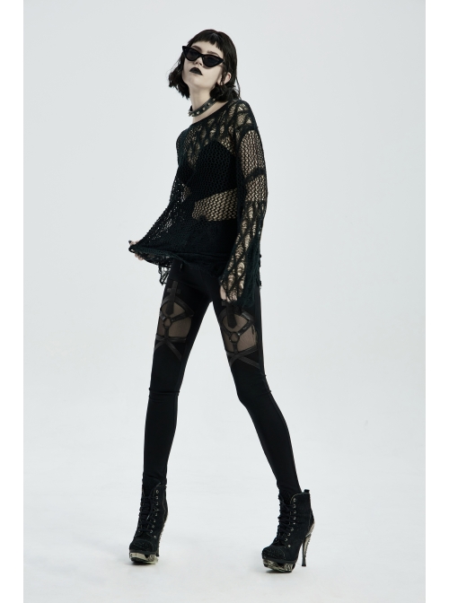 Round Collar Flare Sleeve Black Punk Irregular Woven Hollow Sweater