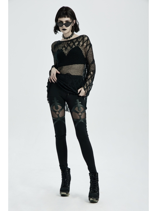 Round Collar Flare Sleeve Black Punk Irregular Woven Hollow Sweater