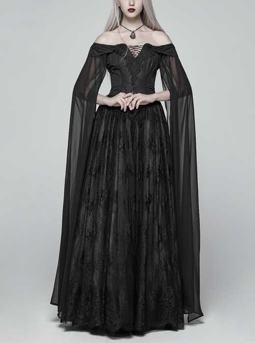 Off-Shoulder Boat Neck Chiffon Poncho Sleeve Back Waist Lace-Up Black Gothic Long Dress