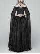 Off-Shoulder Boat Neck Chiffon Poncho Sleeve Back Waist Lace-Up Black Gothic Long Dress