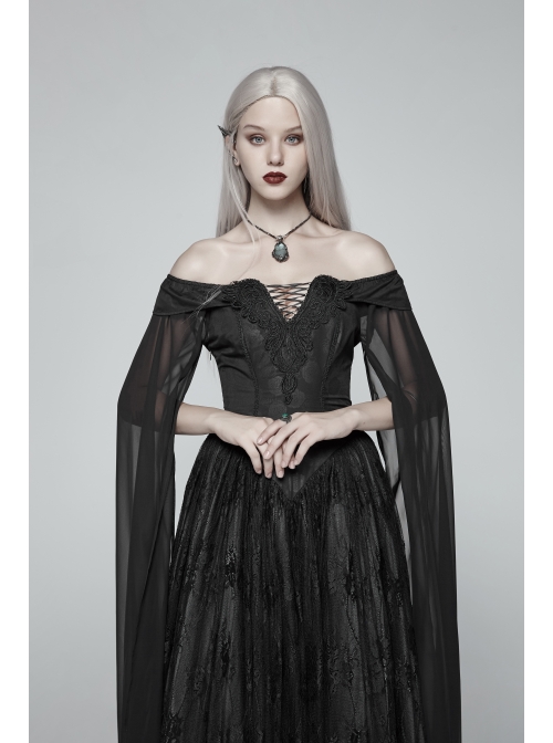 Off-Shoulder Boat Neck Chiffon Poncho Sleeve Back Waist Lace-Up Black Gothic Long Dress
