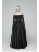 Off-Shoulder Boat Neck Chiffon Poncho Sleeve Back Waist Lace-Up Black Gothic Long Dress