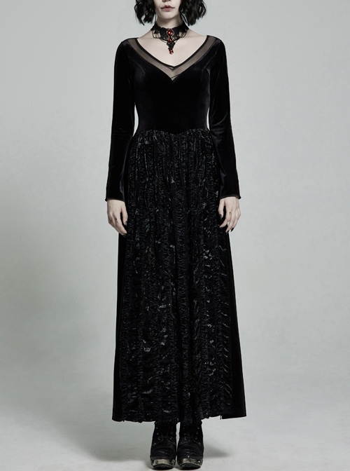 Large Collar Front Chest Splice Mesh Flare Sleeve Back Waist Lace-Up Black Gothic Knit Velvet Long Dress