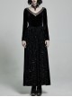 Large Collar Front Chest Splice Mesh Flare Sleeve Back Waist Lace-Up Black Gothic Knit Velvet Long Dress