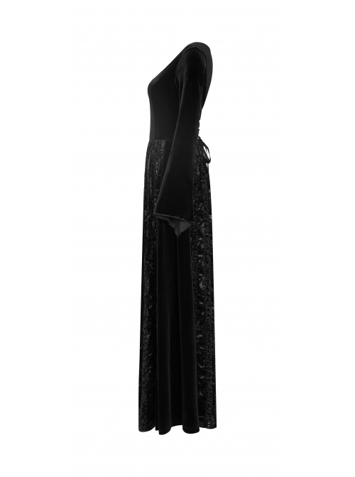 Large Collar Front Chest Splice Mesh Flare Sleeve Back Waist Lace-Up Black Gothic Knit Velvet Long Dress