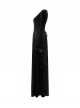 Large Collar Front Chest Splice Mesh Flare Sleeve Back Waist Lace-Up Black Gothic Knit Velvet Long Dress
