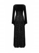 Large Collar Front Chest Splice Mesh Flare Sleeve Back Waist Lace-Up Black Gothic Knit Velvet Long Dress