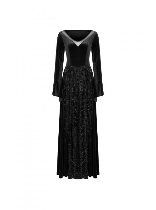 Large Collar Front Chest Splice Mesh Flare Sleeve Back Waist Lace-Up Black Gothic Knit Velvet Long Dress