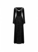 Large Collar Front Chest Splice Mesh Flare Sleeve Back Waist Lace-Up Black Gothic Knit Velvet Long Dress