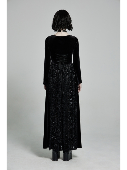 Large Collar Front Chest Splice Mesh Flare Sleeve Back Waist Lace-Up Black Gothic Knit Velvet Long Dress