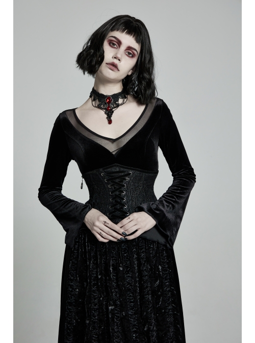 Large Collar Front Chest Splice Mesh Flare Sleeve Back Waist Lace-Up Black Gothic Knit Velvet Long Dress