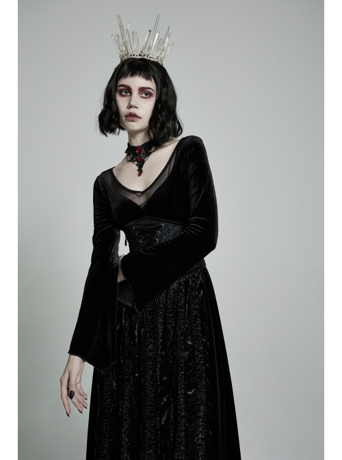 Large Collar Front Chest Splice Mesh Flare Sleeve Back Waist Lace-Up Black Gothic Knit Velvet Long Dress