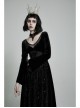 Large Collar Front Chest Splice Mesh Flare Sleeve Back Waist Lace-Up Black Gothic Knit Velvet Long Dress