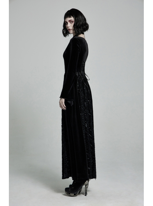 Large Collar Front Chest Splice Mesh Flare Sleeve Back Waist Lace-Up Black Gothic Knit Velvet Long Dress