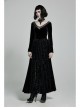 Large Collar Front Chest Splice Mesh Flare Sleeve Back Waist Lace-Up Black Gothic Knit Velvet Long Dress