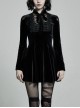 Lace Collar Front Chest Decals Flare Sleeve Back Waist Lace-Up Black Gothic Knit Velvet Dress