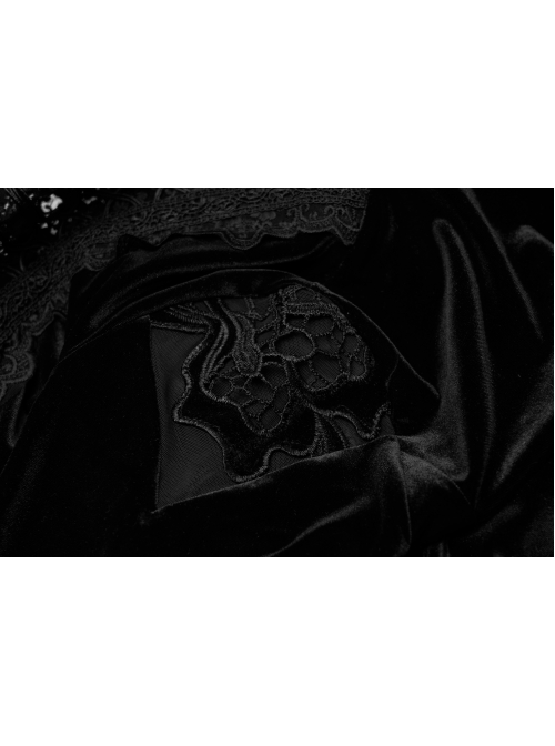 Lace Collar Front Chest Decals Flare Sleeve Back Waist Lace-Up Black Gothic Knit Velvet Dress