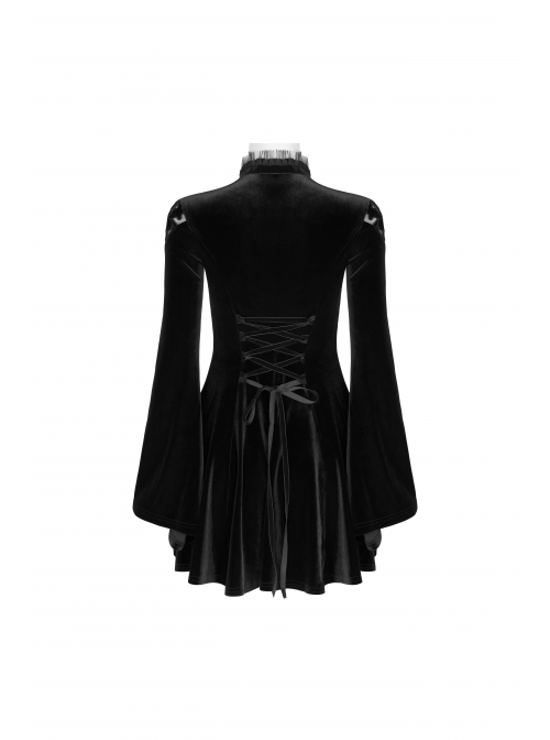 Lace Collar Front Chest Decals Flare Sleeve Back Waist Lace-Up Black Gothic Knit Velvet Dress