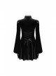 Lace Collar Front Chest Decals Flare Sleeve Back Waist Lace-Up Black Gothic Knit Velvet Dress