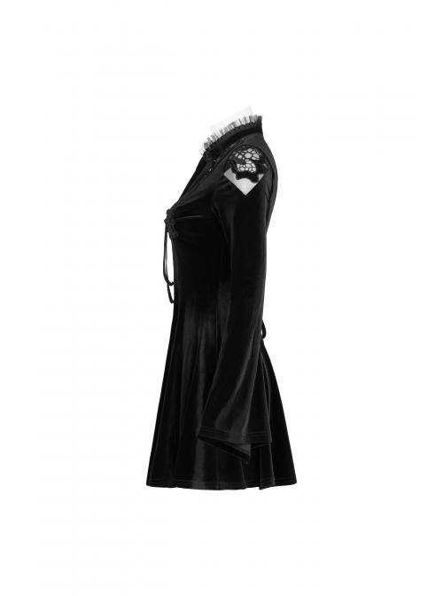 Lace Collar Front Chest Decals Flare Sleeve Back Waist Lace-Up Black Gothic Knit Velvet Dress