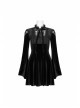 Lace Collar Front Chest Decals Flare Sleeve Back Waist Lace-Up Black Gothic Knit Velvet Dress
