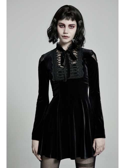 Lace Collar Front Chest Decals Flare Sleeve Back Waist Lace-Up Black Gothic Knit Velvet Dress