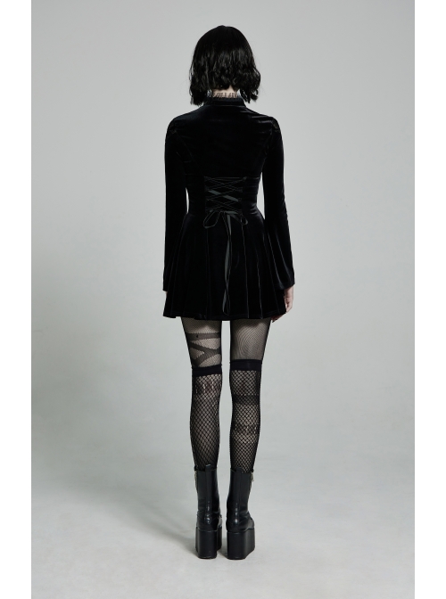Lace Collar Front Chest Decals Flare Sleeve Back Waist Lace-Up Black Gothic Knit Velvet Dress