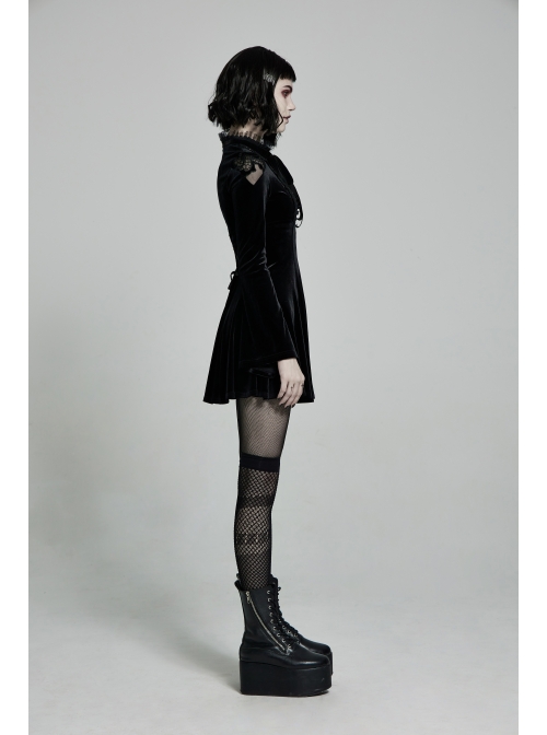 Lace Collar Front Chest Decals Flare Sleeve Back Waist Lace-Up Black Gothic Knit Velvet Dress