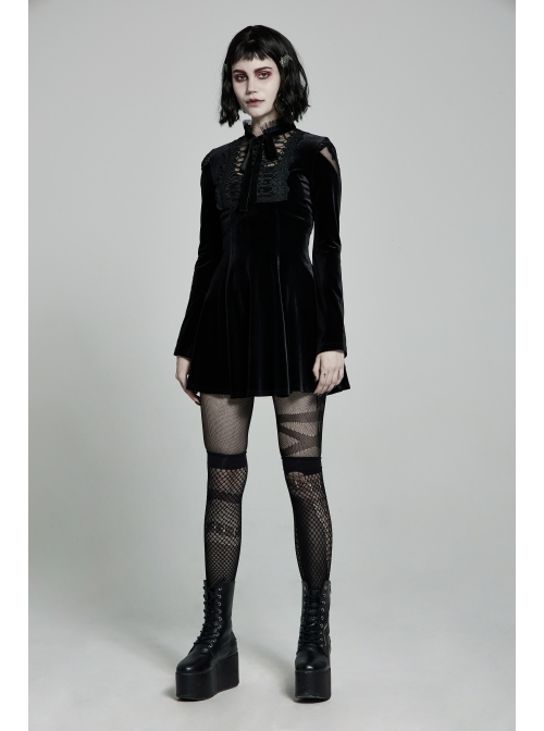 Lace Collar Front Chest Decals Flare Sleeve Back Waist Lace-Up Black Gothic Knit Velvet Dress