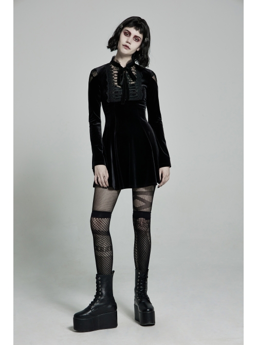 Lace Collar Front Chest Decals Flare Sleeve Back Waist Lace-Up Black Gothic Knit Velvet Dress