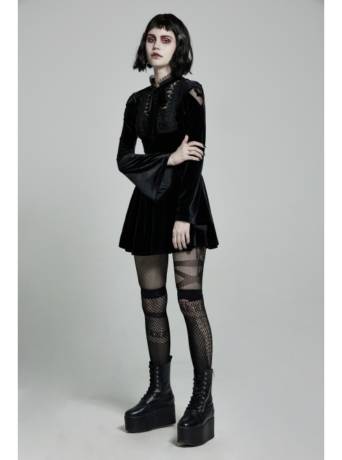 Lace Collar Front Chest Decals Flare Sleeve Back Waist Lace-Up Black Gothic Knit Velvet Dress