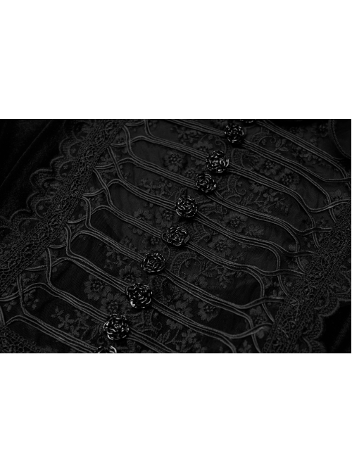 Lace Collar Front Chest Decals Flare Sleeve Back Waist Lace-Up Black Gothic Knit Velvet Dress