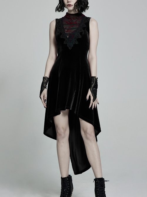 Front Chest Splice Mesh Decals Sleeveless Back Waist Lace-Up Black Gothic Retro Velvet Dress