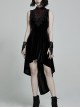 Front Chest Splice Mesh Decals Sleeveless Back Waist Lace-Up Black Gothic Retro Velvet Dress