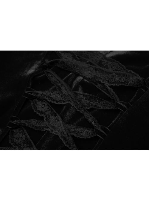 Front Chest Splice Mesh Decals Sleeveless Back Waist Lace-Up Black Gothic Retro Velvet Dress