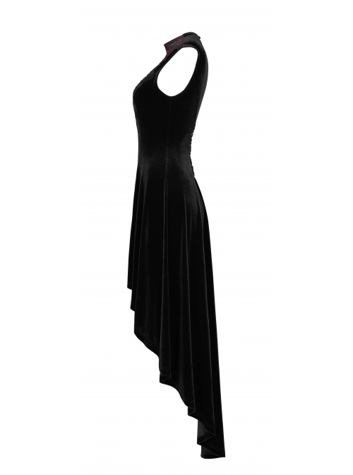 Front Chest Splice Mesh Decals Sleeveless Back Waist Lace-Up Black Gothic Retro Velvet Dress