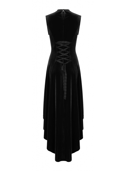 Front Chest Splice Mesh Decals Sleeveless Back Waist Lace-Up Black Gothic Retro Velvet Dress
