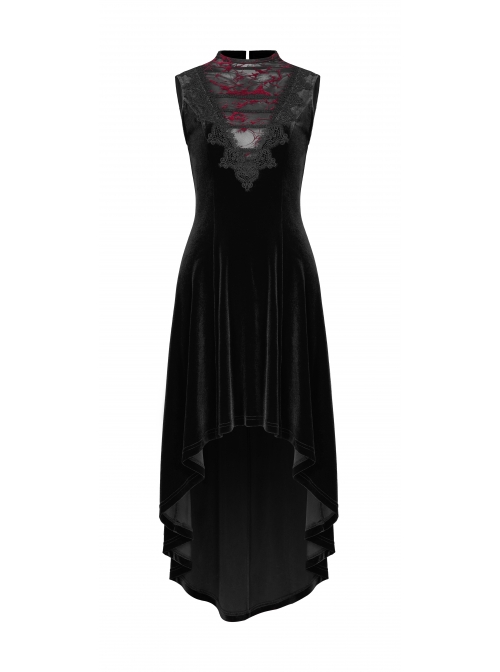Front Chest Splice Mesh Decals Sleeveless Back Waist Lace-Up Black Gothic Retro Velvet Dress