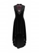Front Chest Splice Mesh Decals Sleeveless Back Waist Lace-Up Black Gothic Retro Velvet Dress