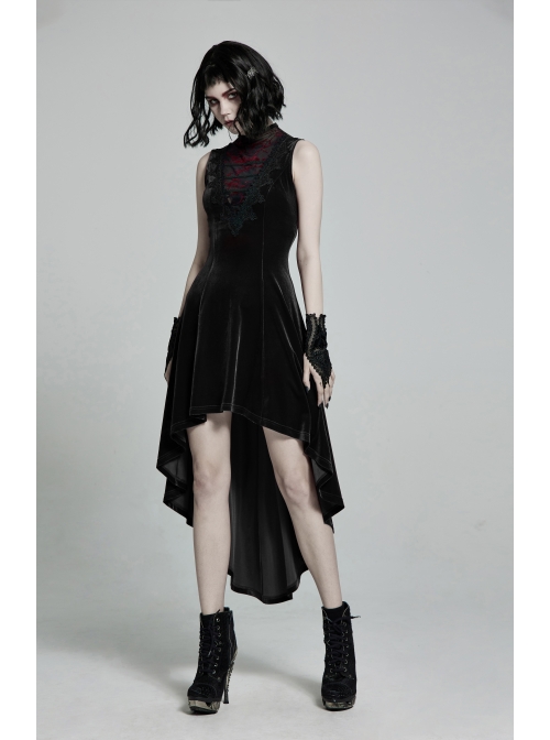 Front Chest Splice Mesh Decals Sleeveless Back Waist Lace-Up Black Gothic Retro Velvet Dress